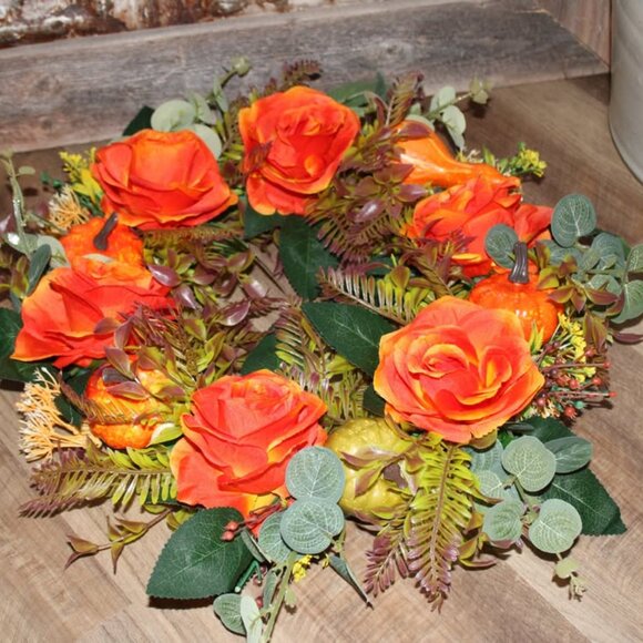 NEW 16" Orange Floral Pumpkin & Gourd Farmhouse Fall Wreath - Picture 3 of 4